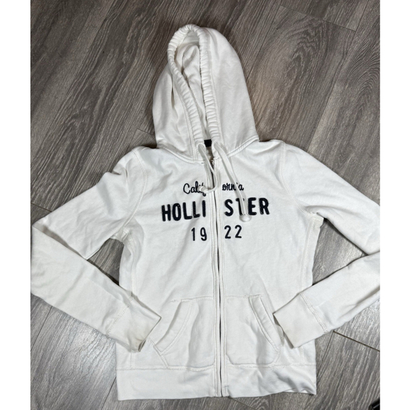 Hollister Tops - VTG Hollister Hoodie Womens M White Full Zip California 1922 Applique Sweatshirt